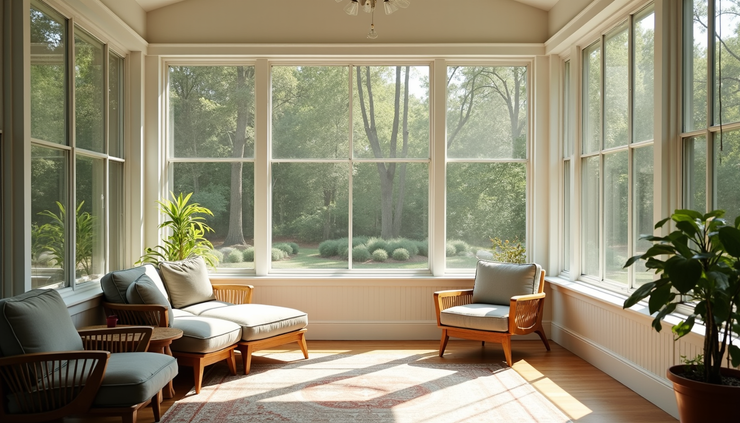 Eye-level view of a bright sunroom with large windows overlooking a garden