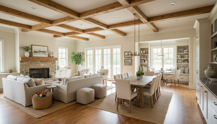 Wide-angle view of a warm custom family home with an open floor plan and flexible living areas