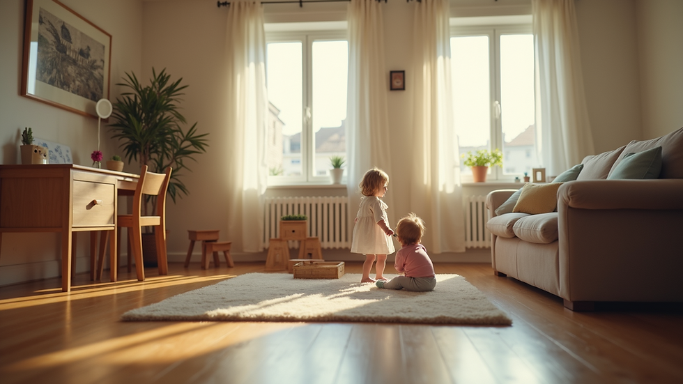 Eye-level view of a cozy living room with a child’s play area