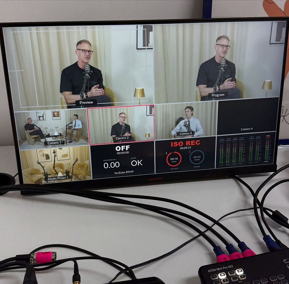 A production monitor showing camera views of Gary Brecka recording a podcast interview.