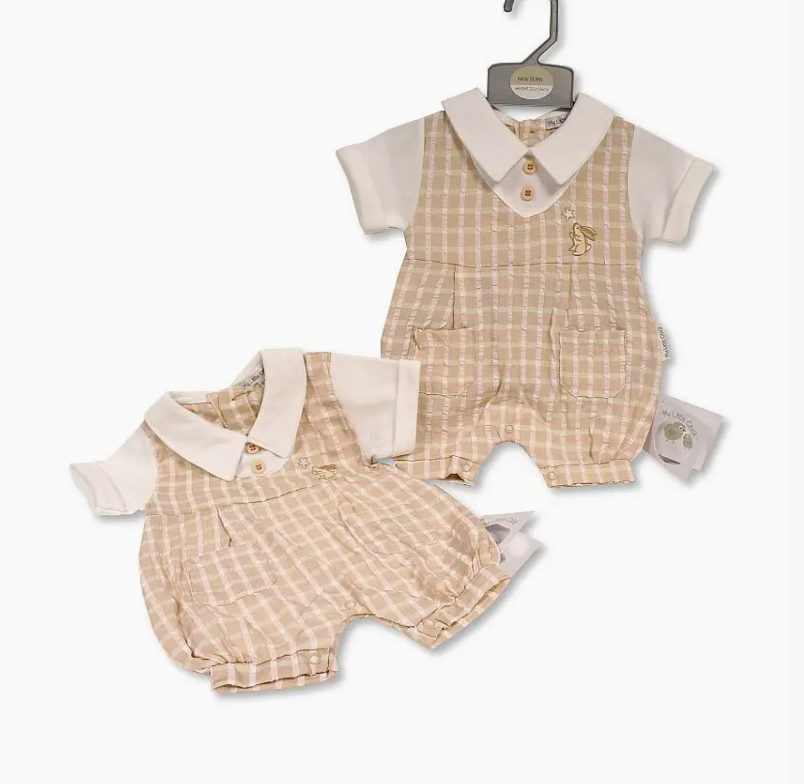 Baby Boys Chequered Romper with Pockets - Bunny