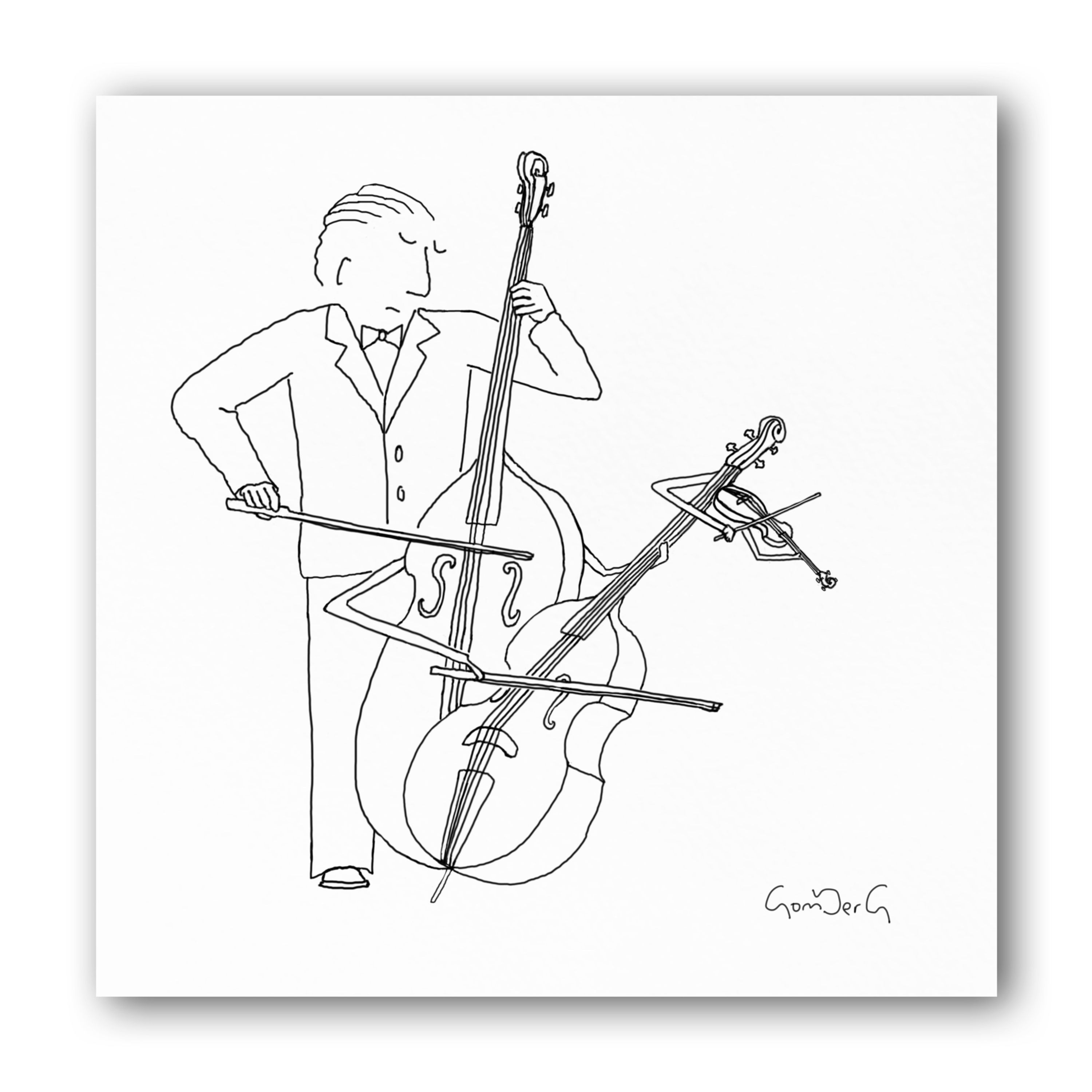 illustration print musician playing string instrument and the instrument plays two other stringed instuments funny
