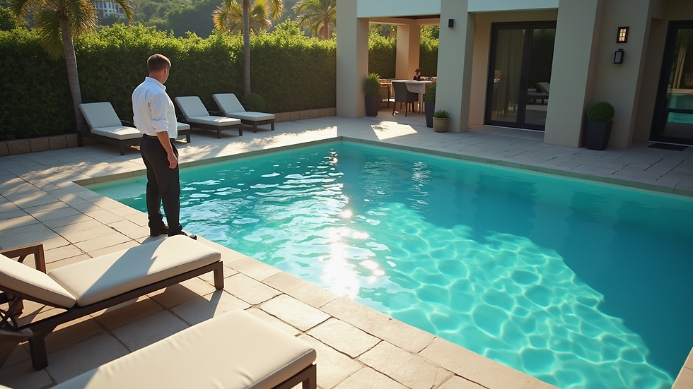 High angle view of a property manager inspecting a luxury poolside area