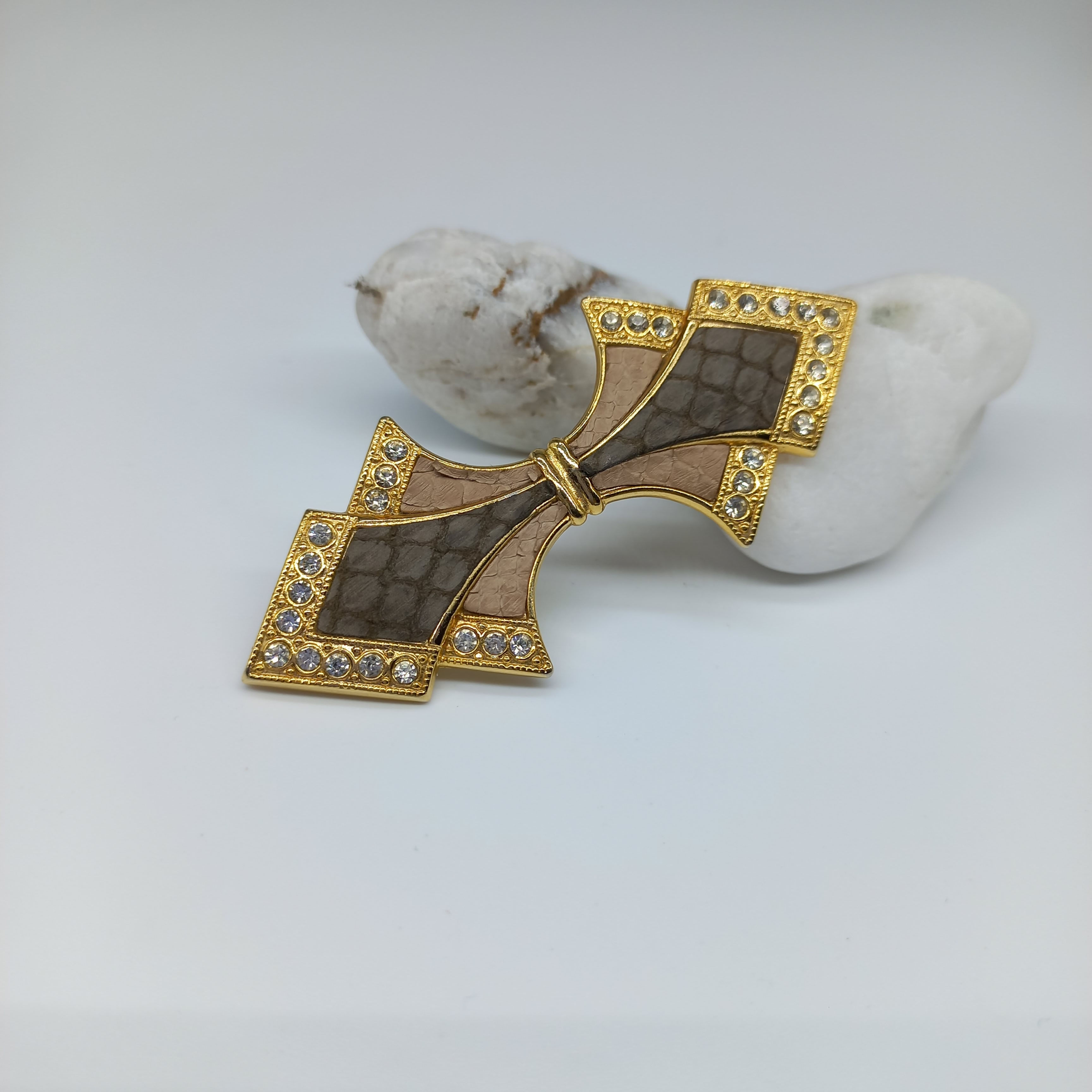 Gold Rhinestones & Leather Brooch
