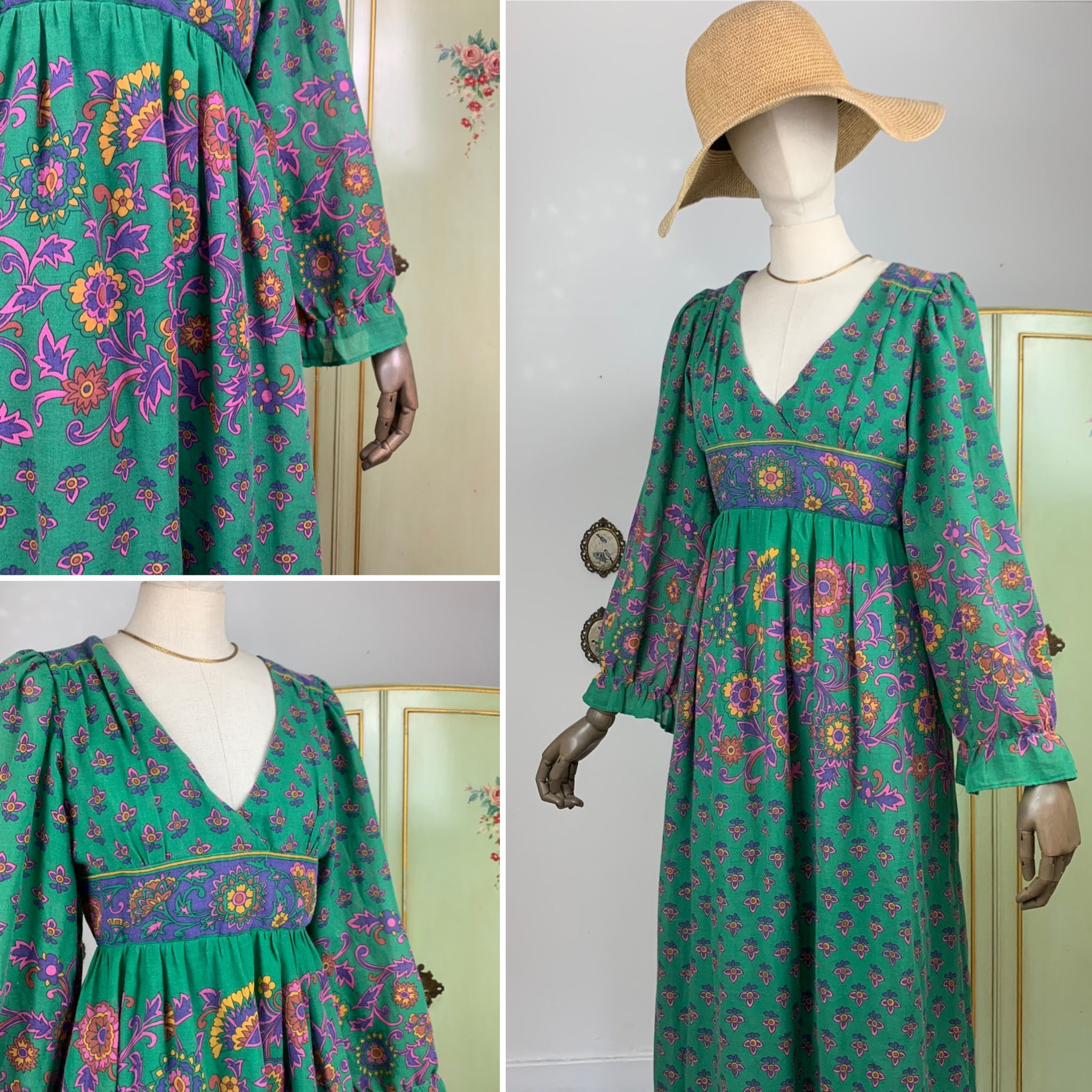 Green 70s Floral Maxi Dress