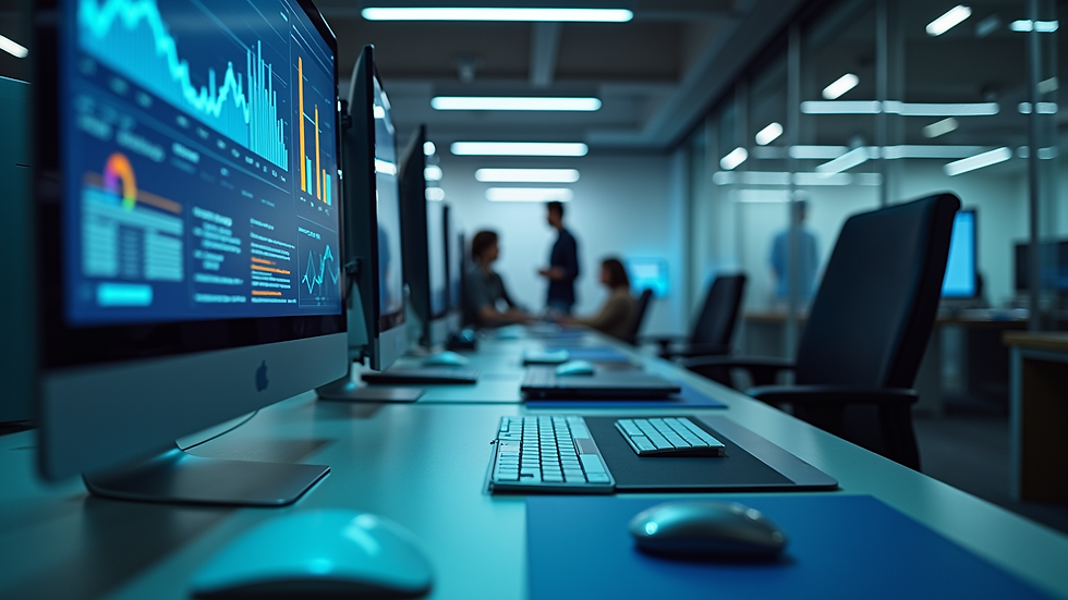 Eye-level view of a modern office workspace with AI data analytics on screen