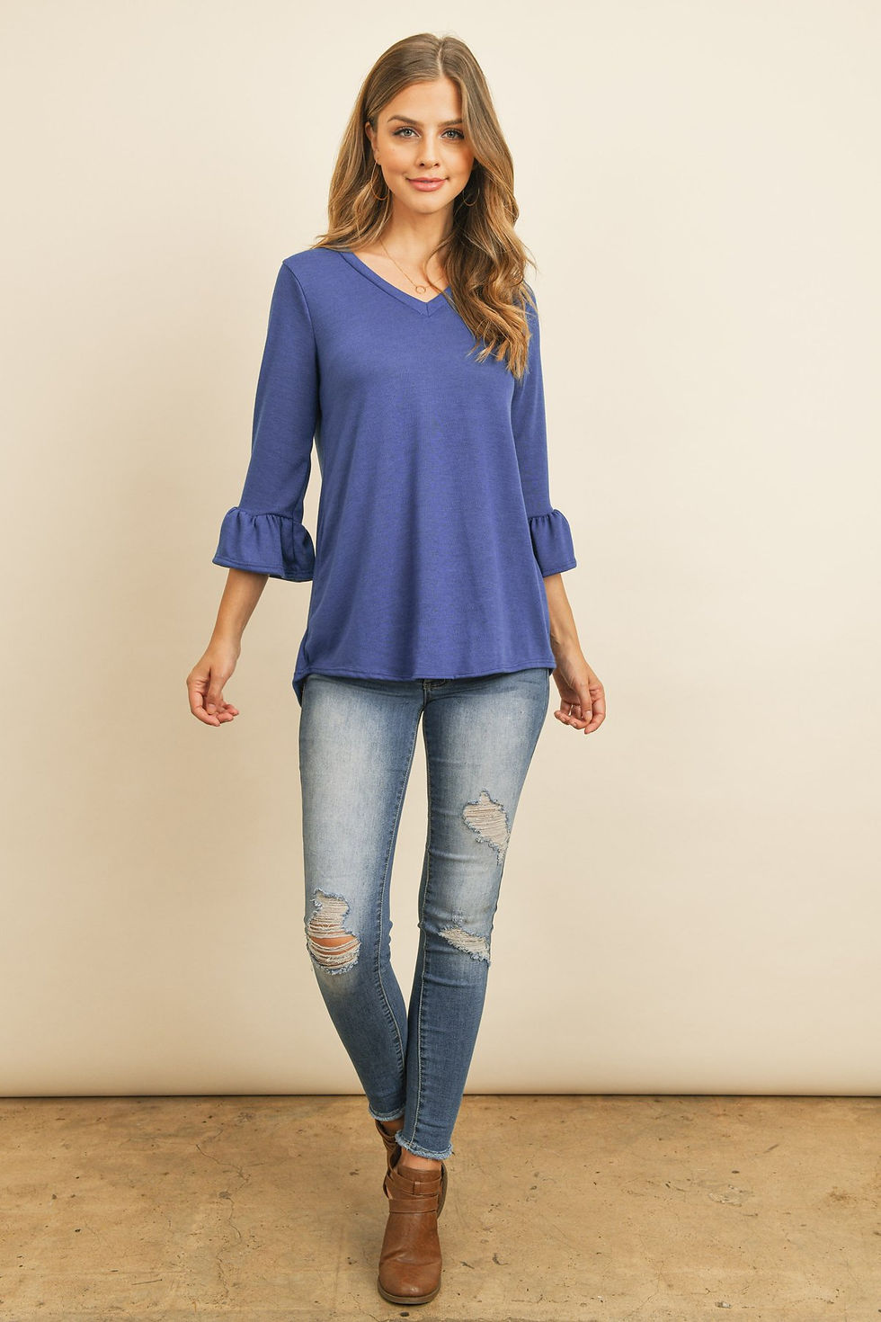 Thumbnail: Solid Bell Sleeve V-Neck Top