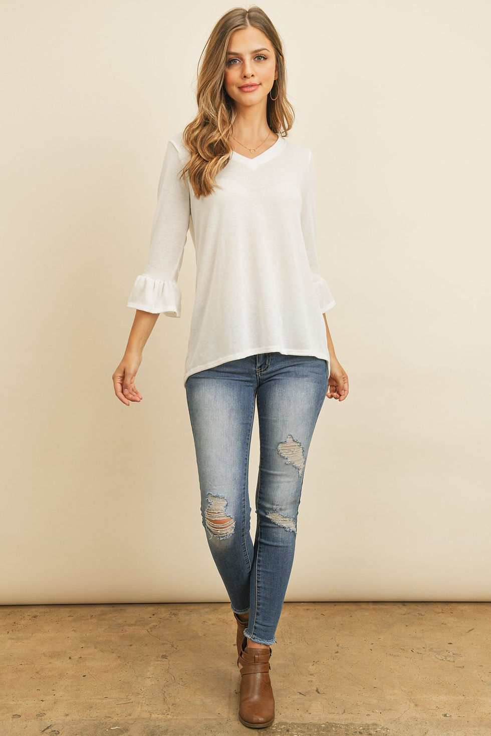 Thumbnail: Solid Bell Sleeve V-Neck Top