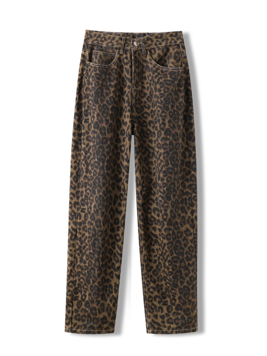 Leopard Print Jeans for Women High Waisted Y2k Retro Fashion Streetwear Denim Pa