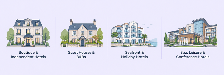 Illustration of boutique hotels, guest houses, seafront hotels and luxury spa and conferen