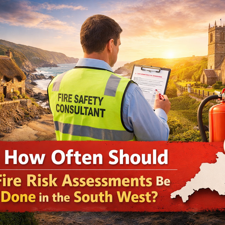 Fire safety consultant carrying out a fire risk assessment in the South West with coastal Devon scenery and 225 Fire Solutions branding.