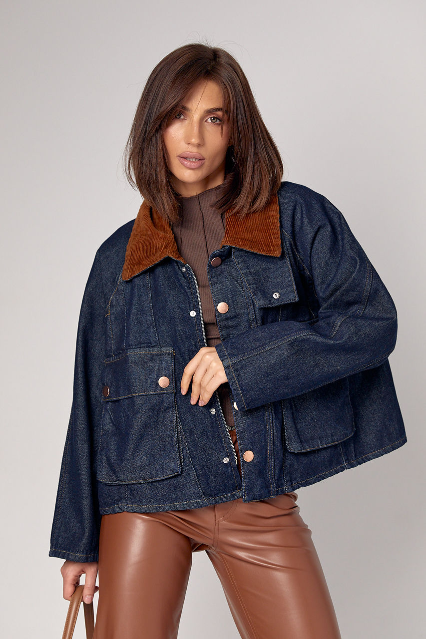 Джинсова куртка з вельветовим коміром та накладними кишенями