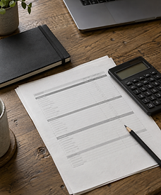Illustrative production budget, calculator and notebook on a desk.