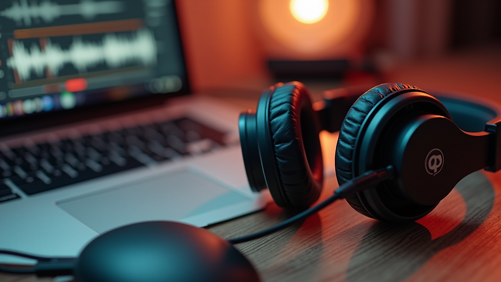 High angle view of a podcast setup with headphones and laptop