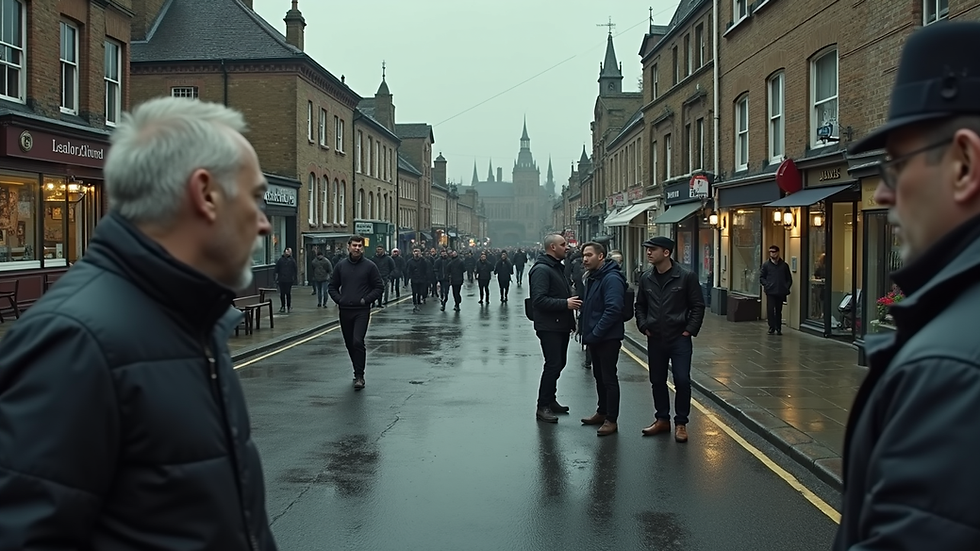 High angle view of a film crew setting up a scene on a UK location