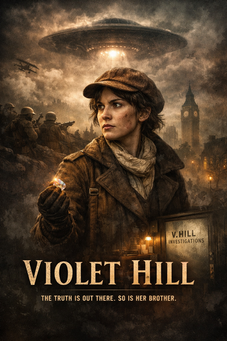 Violet Hill poster: a woman in a cap beneath a flying saucer, with soldiers and a misty city behind her.