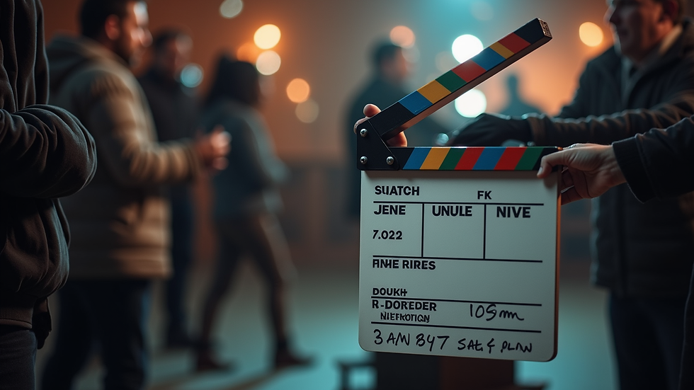 Close-up view of a film clapperboard on a production set