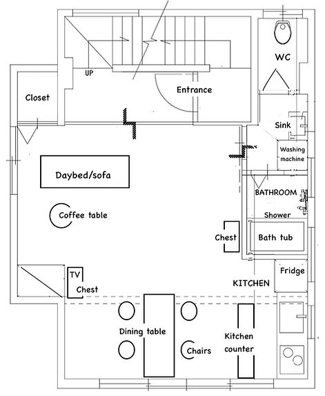 Floorplan livingroom, kitchen, bathroom