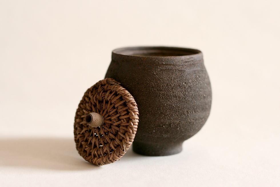 Thumbnail: Black round lidded woven pine needle