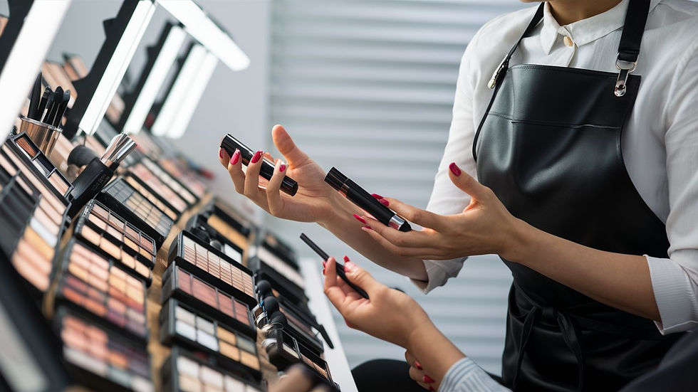 A makeup artist carefully selecting makeup products and explaining them to a client, highlighting professionalism in action.
