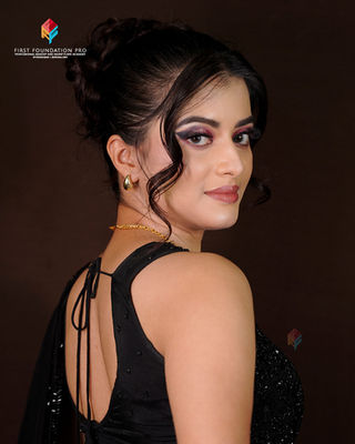 Close-up of a woman with red carpet makeup look in first foundation pro hyderabad