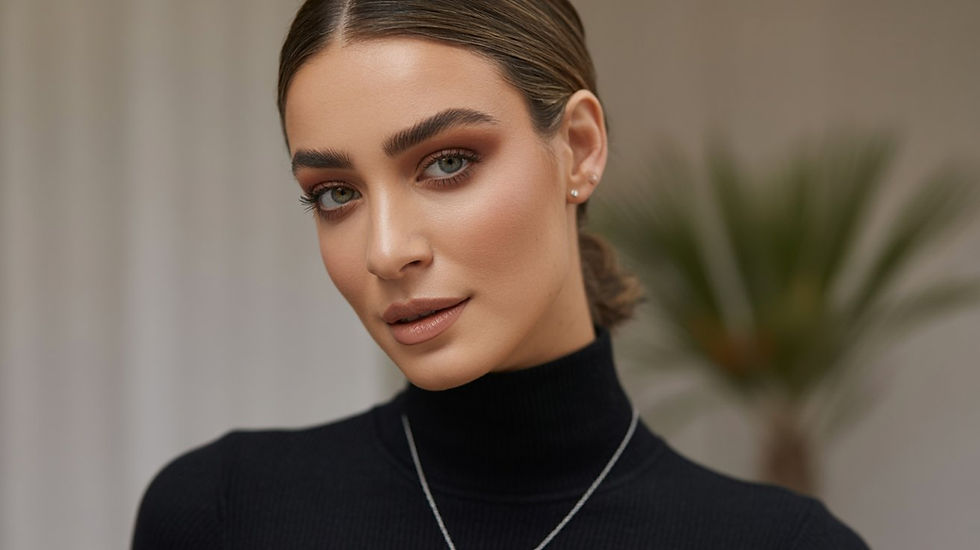 Close-up of woman wearing mocha mousse-inspired makeup with warm brown eyeshadow, nude lips, and bronzed skin