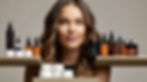 a woman with variety of hair care products including leave-in conditioner, serum, heat protectant, anti-frizz spray, and scalp treatment.