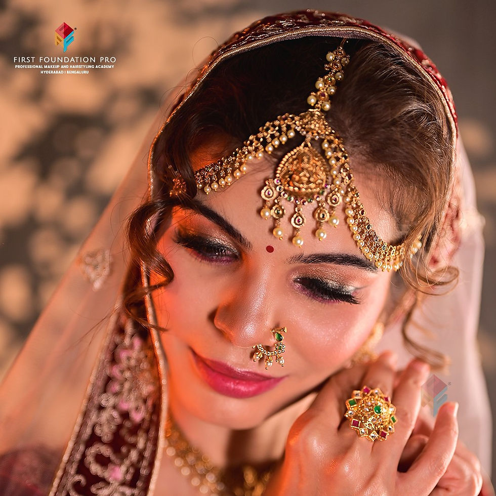 HD bridal makeup look with glitter eyeshadow, bridal jewelry and radiant skin by First Foundation Pro makeup academy in Hyderabad offering advanced bridal makeup certification courses.