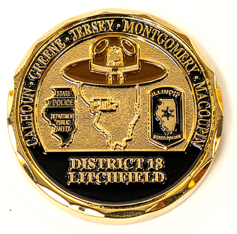 A commemorative challenge coin representing District 18 of the Illinois State Police.