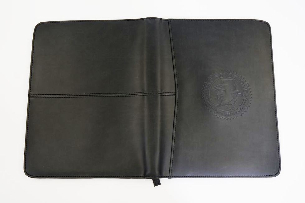Thumbnail: An open black padfolio binder with Illinois State Police crest on the front