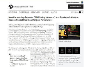 American Business Times article on Child Safety Network and BusGates partnership reducing school bus stop dangers. Image shows a bus with a stop sign.