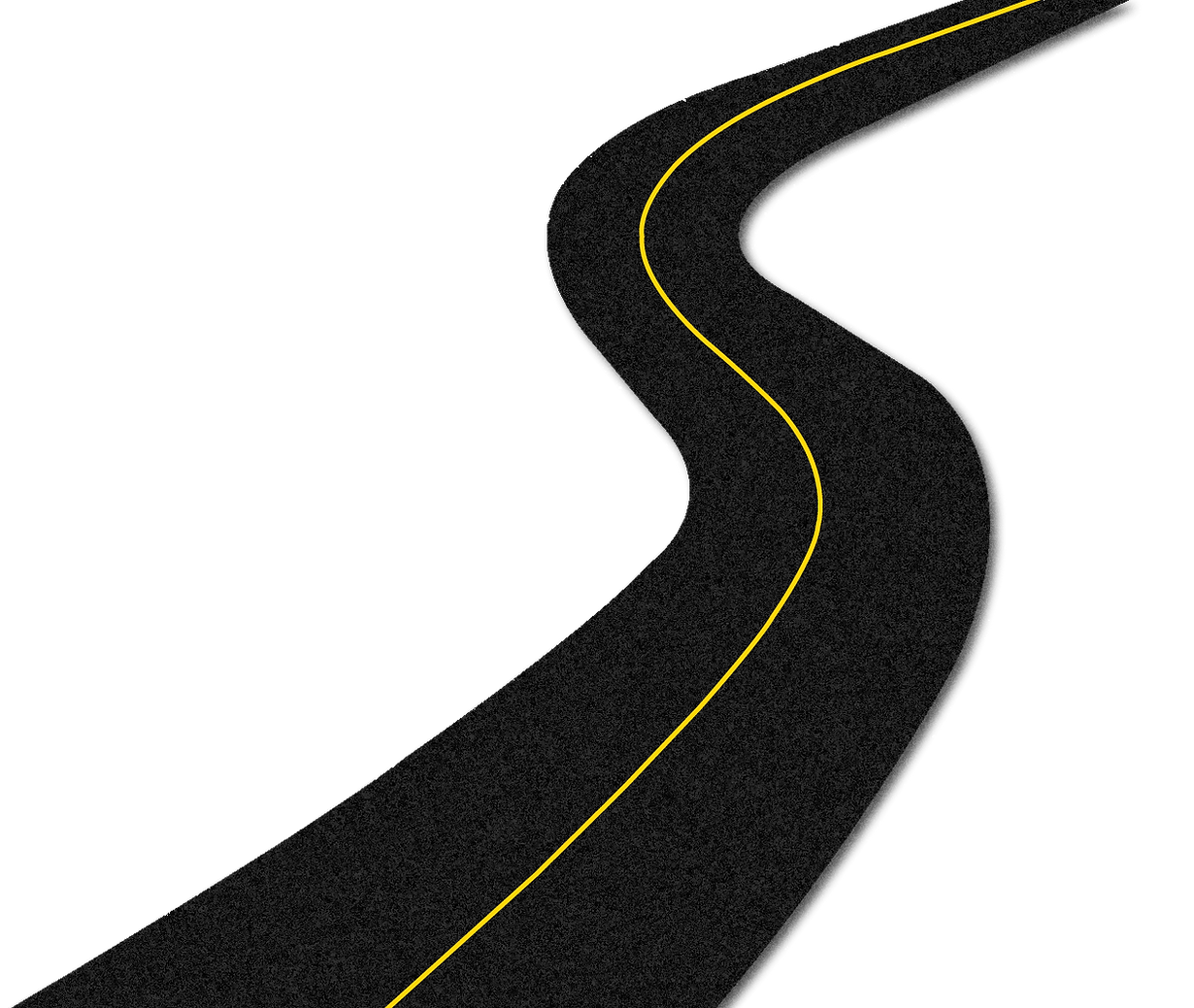 Winding image of a road with a solid yellow line down the center.