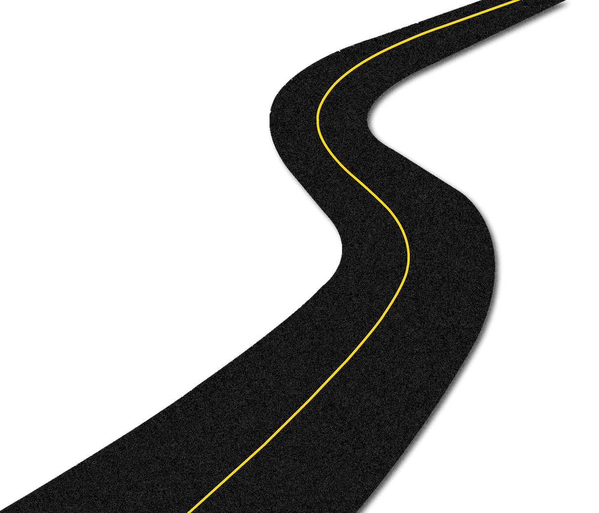 Winding road with a single yellow stripe going down the center.