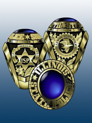 Gold Illinois State Police ring designs with blue gemstone center, featuring text: Service, Integrity, Pride. Eagle and star motifs included.