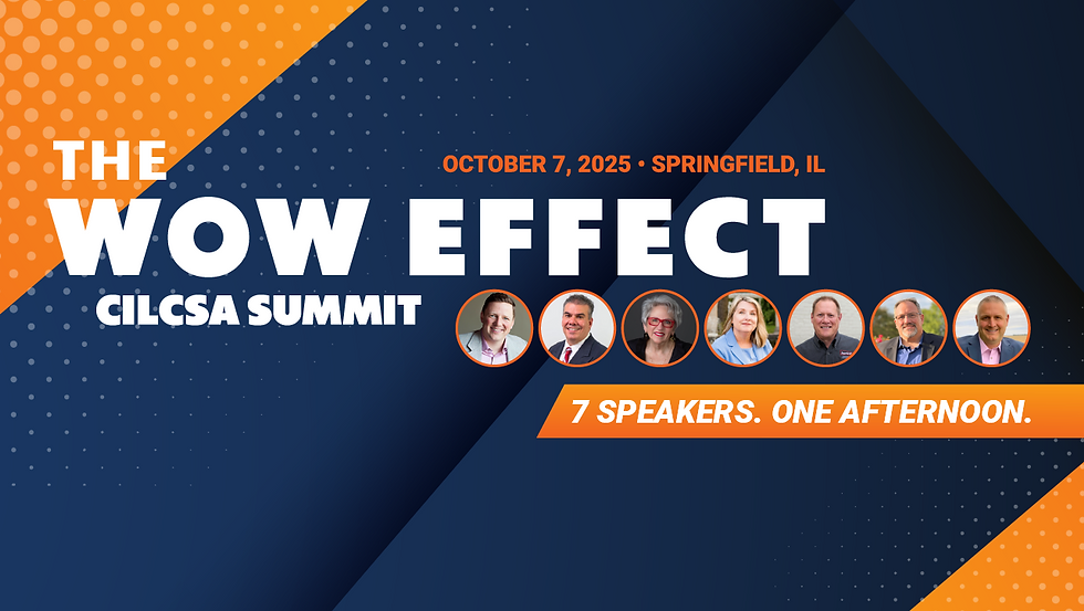 CILCSA Summit poster with seven speaker photos. Text: "The Wow Effect, October 7, 2025, Springfield, IL." Blue and orange geometric design.