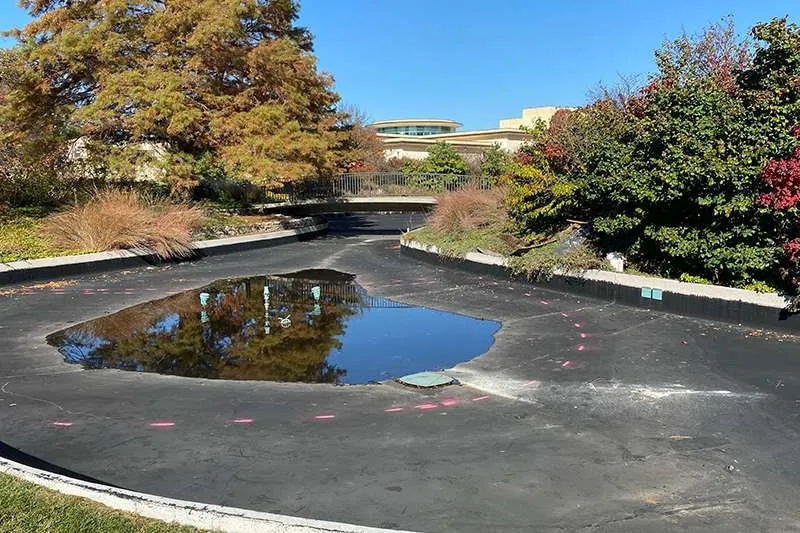 An outdoor commercial space with unfinished landscaping. 