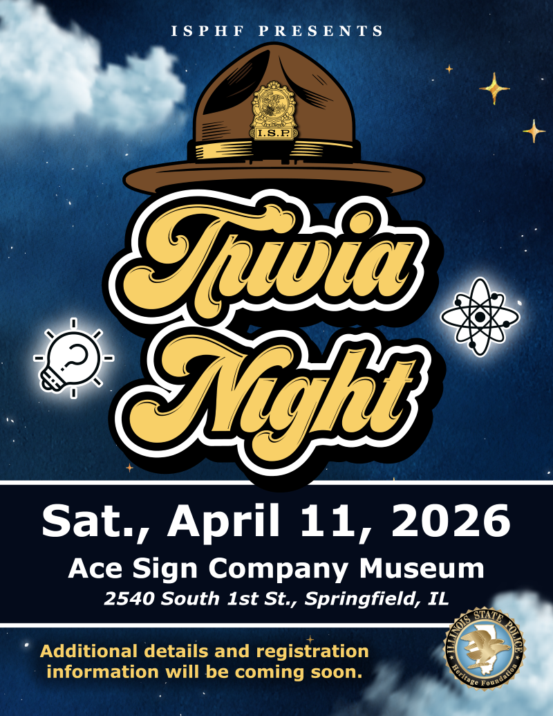 Trivia Night poster with a police hat, stars, and lightbulb on a blue sky. Event at Ace Sign Company Museum, April 11, 2026, Springfield, IL.