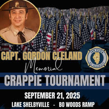 Crappie Tournament poster with tribute to Capt. Gordon Cleland. Features flags, event details, and emblem. Date: September 21, 2025.