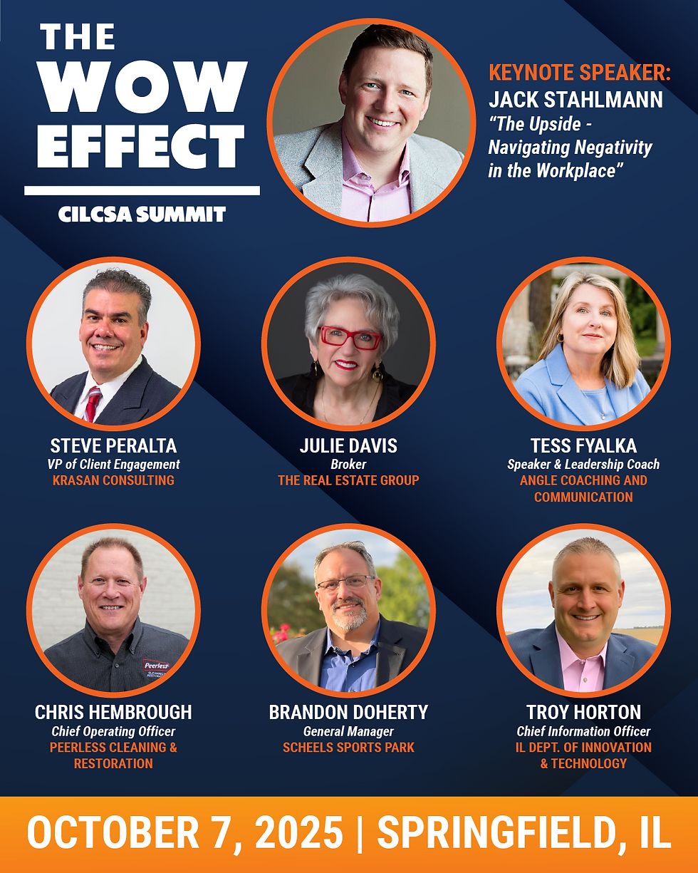 The image is an event poster for "The Wow Effect" CILCSA Summit, featuring keynote speaker details and photos of six panelists with titles.