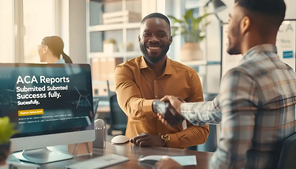 Business professionals discussing ACA reporting compliance, supported by Freedom HCM Solutions' expert payroll and benefits guidance.