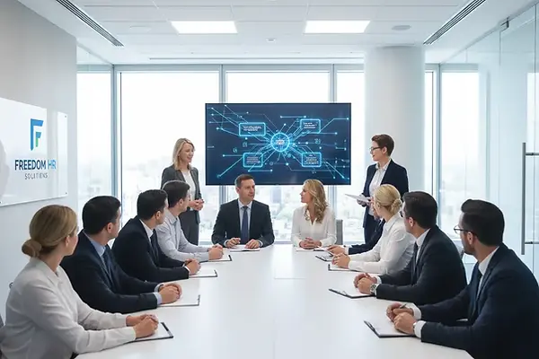 Leadership HR professionals and employees engaged in a structured organizational change process supported by Freedom HR Solutions