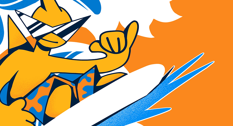 illustration of a shark surfing a wave while making a hangloose made for a t-shirt packaging concept
