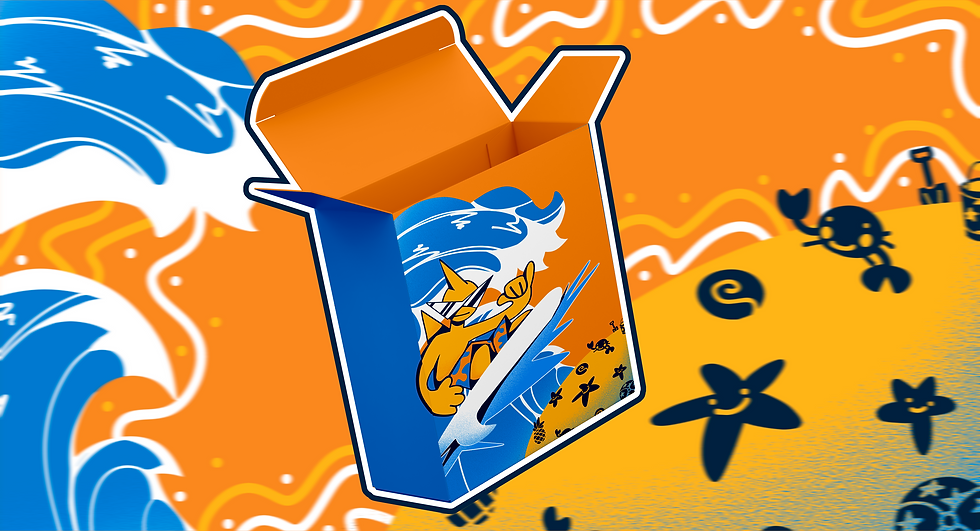  visual concept of an illustration for packaging where there is a shark surfing a wave while doing hangloose