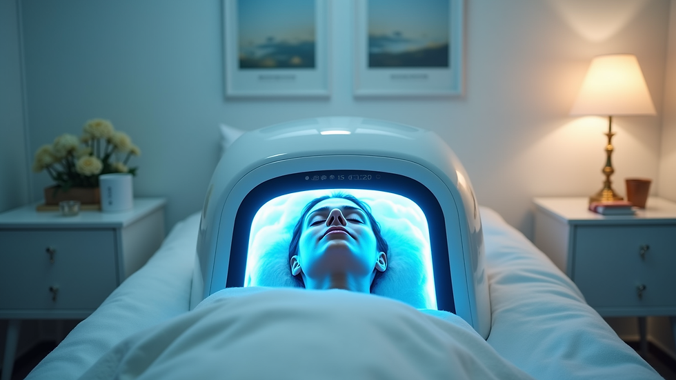 Eye-level view of modern wellness clinic treatment room with LED therapy device