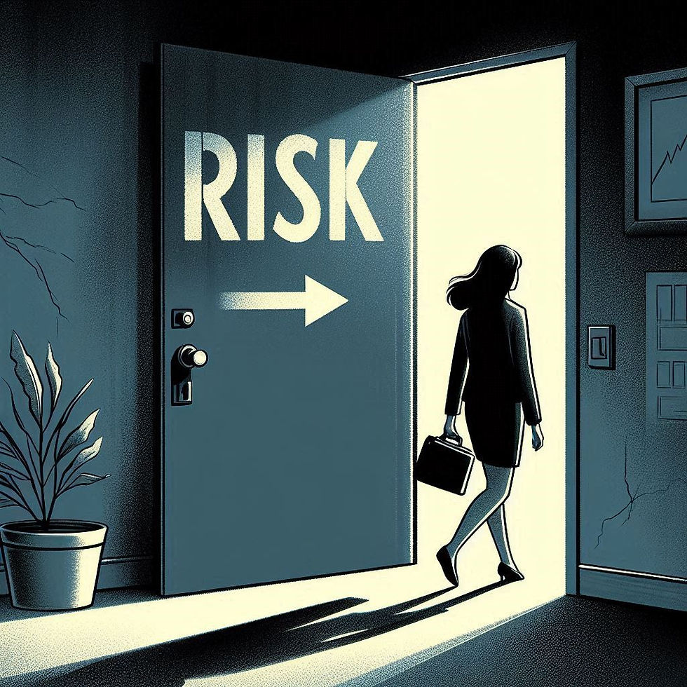 A woman walks through a doorway with risk written on the door