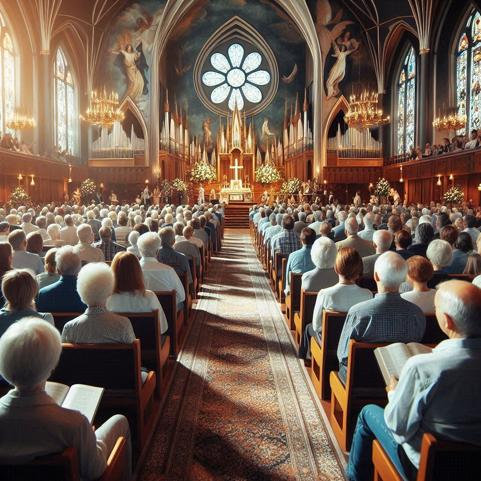 A church congregation at a worship service viewed from behind looking toward the front of the sanctuary