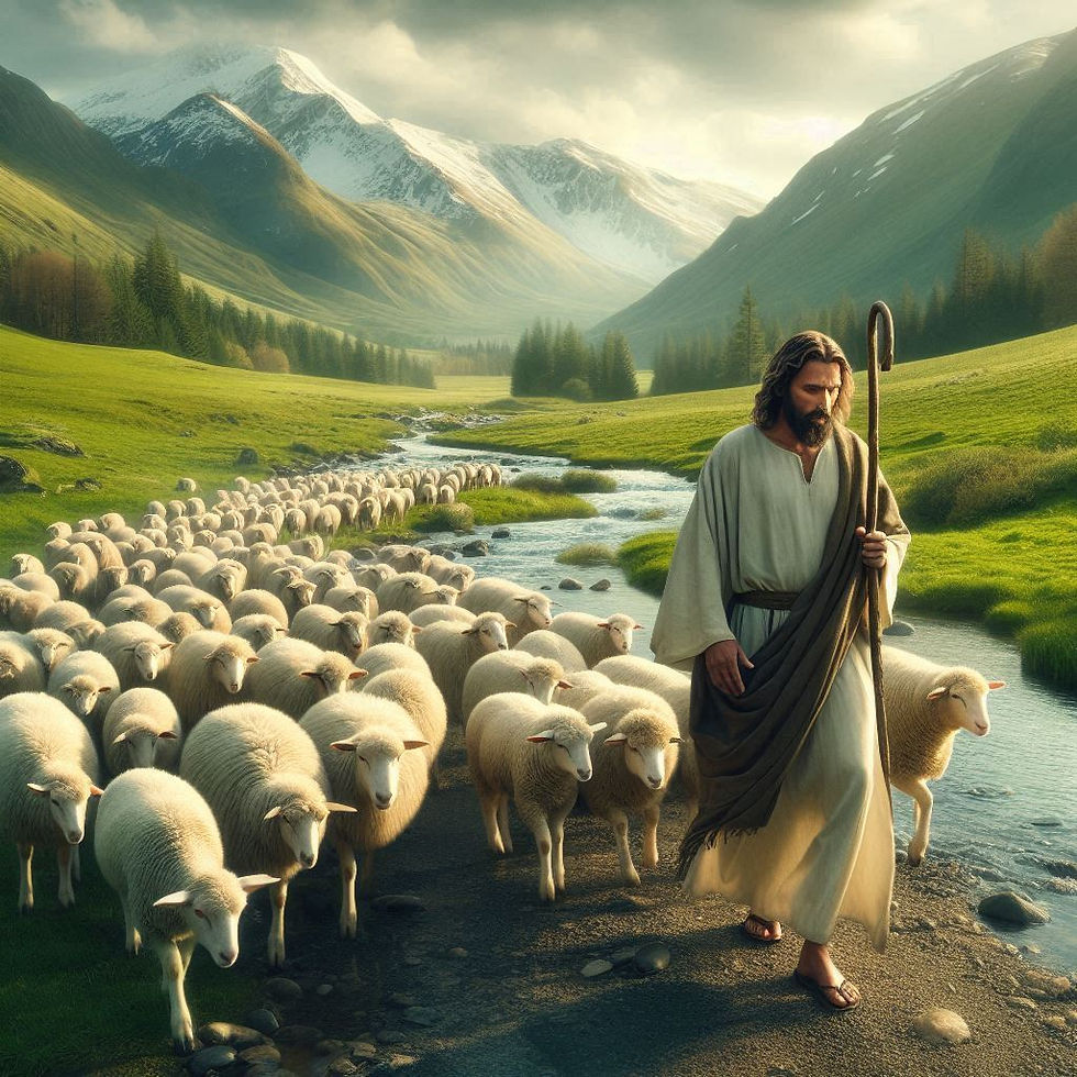 Jesus is walking along a valley stream with a flock of sheep following Him