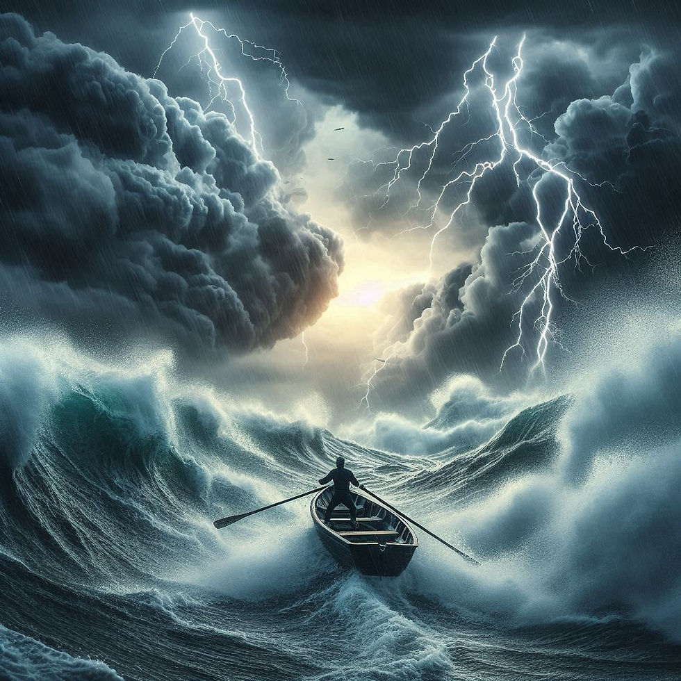A man is rowing a boat through stormy waters with lightning bolts in the sky