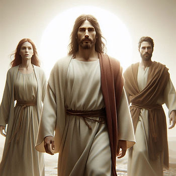A man and a woman in the background are following Jesus in the foreground in paths of Christian service