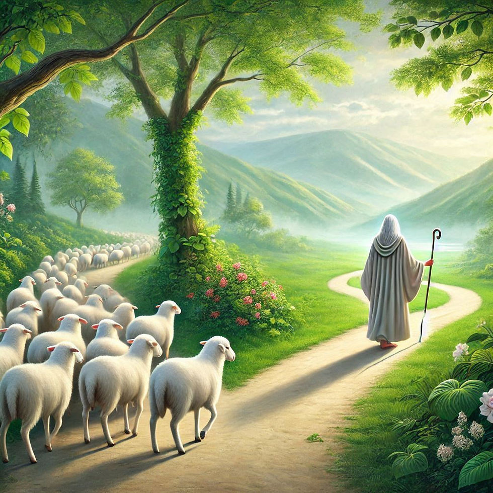 A path splits into two. Jesus takes one of the two and the majority of a flock of sheep take the other